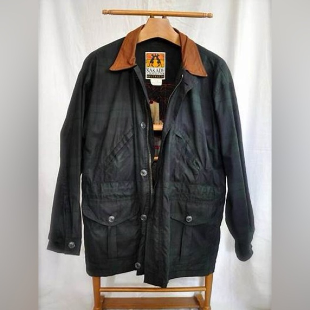 Kakadu Traders Australia Black watch plaid waxed cotton jacket w leather collar